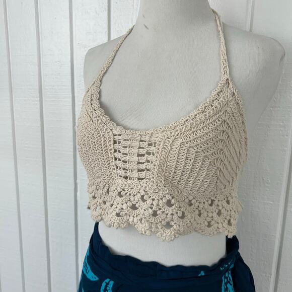 Women Crochet Padded Halter Crop Tank Top Tan Beach Summer Boho Size One Size - Picture 3 of 8